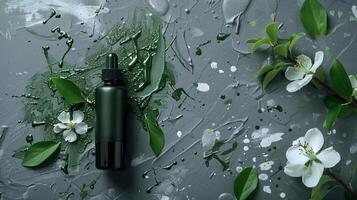 Top view of a dark green cosmetic liquid product with white flowers and leaves on a gray background. photo