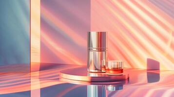 A high-end cosmetic product photograph featuring, placed against an abstract background with geometric patterns. photo