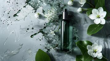 Top view of a dark green cosmetic liquid product with white flowers and leaves on a gray background. photo