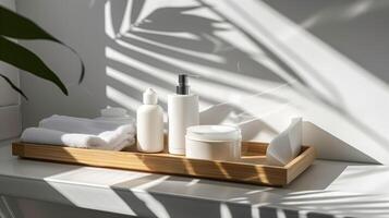 A mockup of white and black skincare tubes on a wooden tray. photo