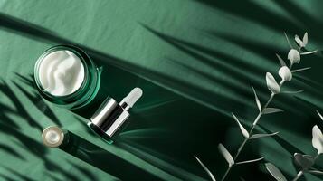 A dark green background with skincare products placed on it, surrounded by sunlight. photo