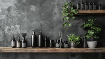 A wooden shelf with cosmetic bottles against the background of concrete walls. photo