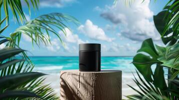 A matte black jar on an elegant wooden podium in front of the ocean with palm leaves. photo