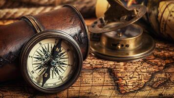 Old vintage compass on ancient map photo