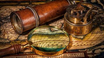 Old vintage compass on ancient map photo