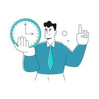 modern businessman holds a large wall clock in his hand. The concept of setting terms for completing tasks, deadlines, productive work vector