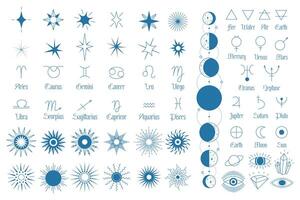 Set of astrological esoteric horoscope symbols. Minimalistic stars, abstract suns, pictograms of elements and elements, glyphs of planets, names and symbols of zodiac signs, phases of the moon vector