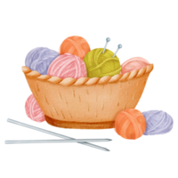 A comfortable setup featuring a woven basket filled with assorted yarn balls and knitting needles. for crafting websites, cozy home decor themes, or DIY-inspired designs. watercolor illustration png