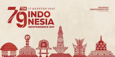 Poster celebrating Indonesia's independence on August 17 with illustrations of the Borobudur temple, national monument, Rumah Gadang, Equator Monument, Haanoi house, Bale Lumbung. vector