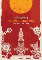 Poster celebrating Indonesia's independence on August 17 with illustrations of the Borobudur temple, national monument, Rumah Gadang, Equator Monument, Haanoi house, Bale Lumbung. vector