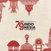 Poster celebrating Indonesia's independence on August 17 with illustrations of the Borobudur temple, national monument, Rumah Gadang, Equator Monument, Haanoi house, Bale Lumbung. vector