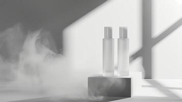 Minimalistic skincare in white and transparent plastic bottles surrounded by foggy. photo