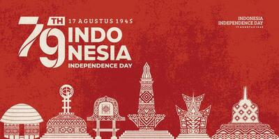 Poster celebrating Indonesia's independence on August 17 with illustrations of the Borobudur temple, national monument, Rumah Gadang, Equator Monument, Haanoi house, Bale Lumbung. vector