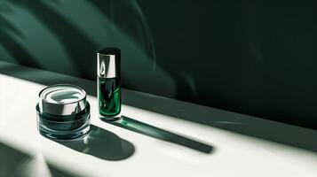 A dark green background with skincare products placed on it, surrounded by sunlight. photo