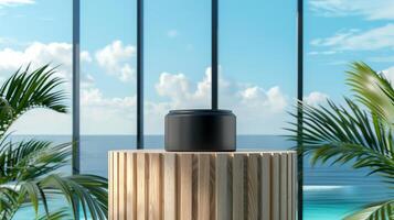 A matte black jar on an elegant wooden podium in front of the ocean with palm leaves. photo