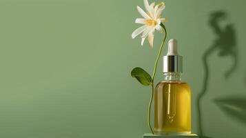 A bottle of face oil is placed on top, a flower hanging by it, against a green background. photo