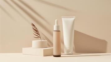 A variety of beauty products on a minimalistic beige background. photo