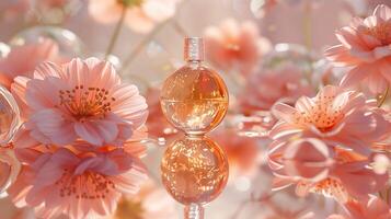 A bottle of perfume surrounded by blooming flowers. photo