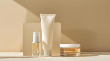 A variety of beauty products on a minimalistic beige background. photo