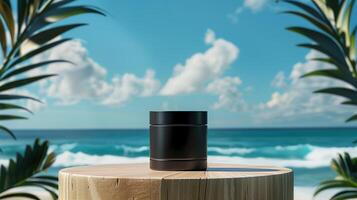 A matte black jar on an elegant wooden podium in front of the ocean with palm leaves. photo