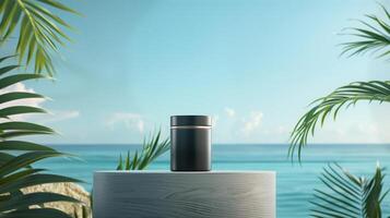 A matte black jar on an elegant wooden podium in front of the ocean with palm leaves. photo