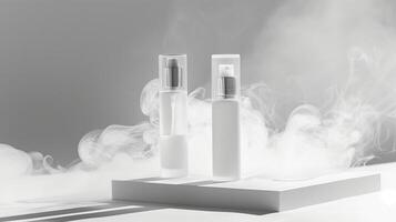 Minimalistic skincare in white and transparent plastic bottles surrounded by foggy. photo