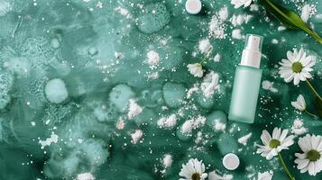 Top view of a dark green cosmetic liquid product with white flowers and leaves on a gray background. photo