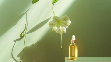 A bottle of face oil is placed on top, a flower hanging by it, against a green background. photo