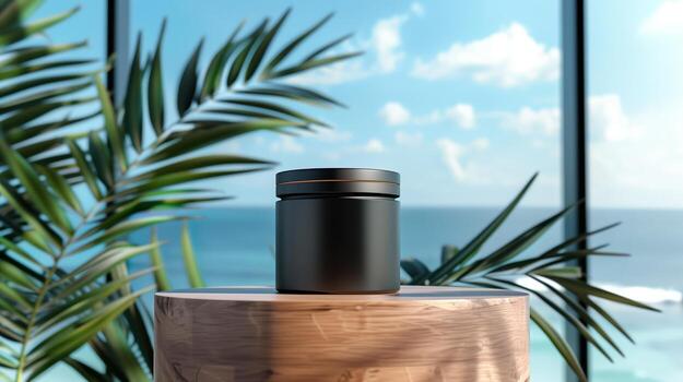 A matte black jar on an elegant wooden podium in front of the ocean with palm leaves. photo