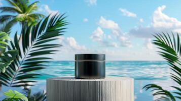 A matte black jar on an elegant wooden podium in front of the ocean with palm leaves. photo