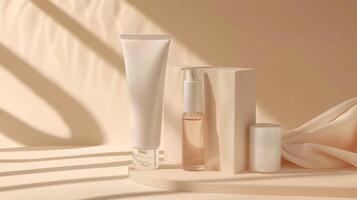 A variety of beauty products on a minimalistic beige background. photo