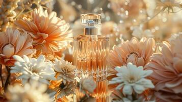 A bottle of perfume surrounded by blooming flowers. photo