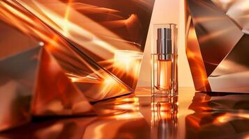 A high-end cosmetic product photograph featuring, placed against an abstract background with geometric patterns. photo