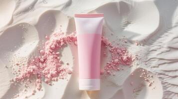 A pink skincare tube lying in white sand. photo