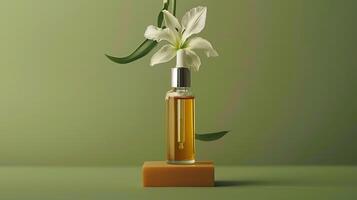 A bottle of face oil is placed on top, a flower hanging by it, against a green background. photo