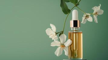 A bottle of face oil is placed on top, a flower hanging by it, against a green background. photo