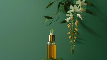 A bottle of face oil is placed on top, a flower hanging by it, against a green background. photo