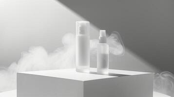 Minimalistic skincare in white and transparent plastic bottles surrounded by foggy. photo