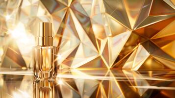 A high-end cosmetic product photograph featuring, placed against an abstract background with geometric patterns. photo