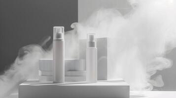 Minimalistic skincare in white and transparent plastic bottles surrounded by foggy. photo