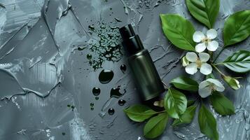 Top view of a dark green cosmetic liquid product with white flowers and leaves on a gray background. photo