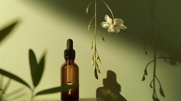 A bottle of face oil is placed on top, a flower hanging by it, against a green background. photo