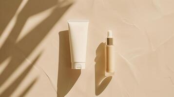 A variety of beauty products on a minimalistic beige background. photo