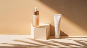 un variedad de belleza productos en un minimalista beige antecedentes. foto