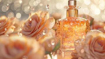 A bottle of perfume surrounded by blooming flowers. photo