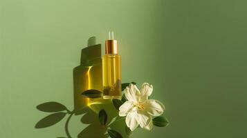 A bottle of face oil is placed on top, a flower hanging by it, against a green background. photo