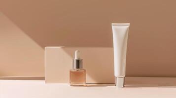 A variety of beauty products on a minimalistic beige background. photo