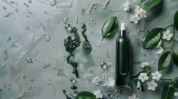 Top view of a dark green cosmetic liquid product with white flowers and leaves on a gray background. photo