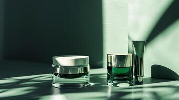 A dark green background with skincare products placed on it, surrounded by sunlight. photo