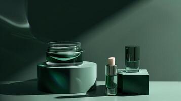 A dark green background with skincare products placed on it, surrounded by sunlight. photo